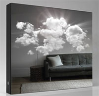 A mirror displays three-dimensional, luminous clouds