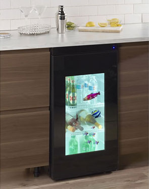 A compact refrigerator with a built-in LED screen